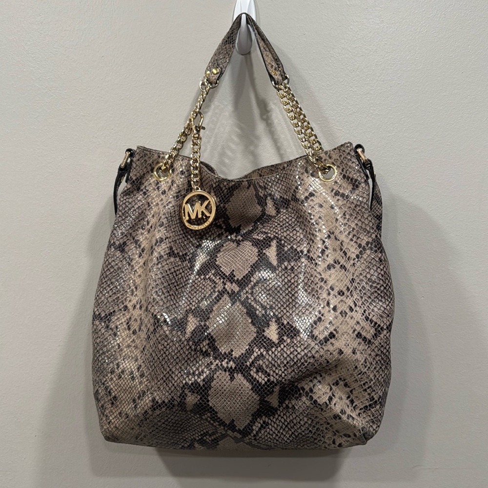 Michael Kors Taupe and Black Snake-Print Shoulder Tote